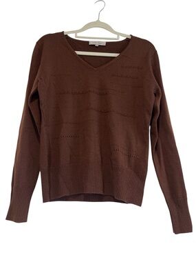 Michel René Brown 100% Wool V-Neck Sweater Large Textured Knit Pullover Earthy